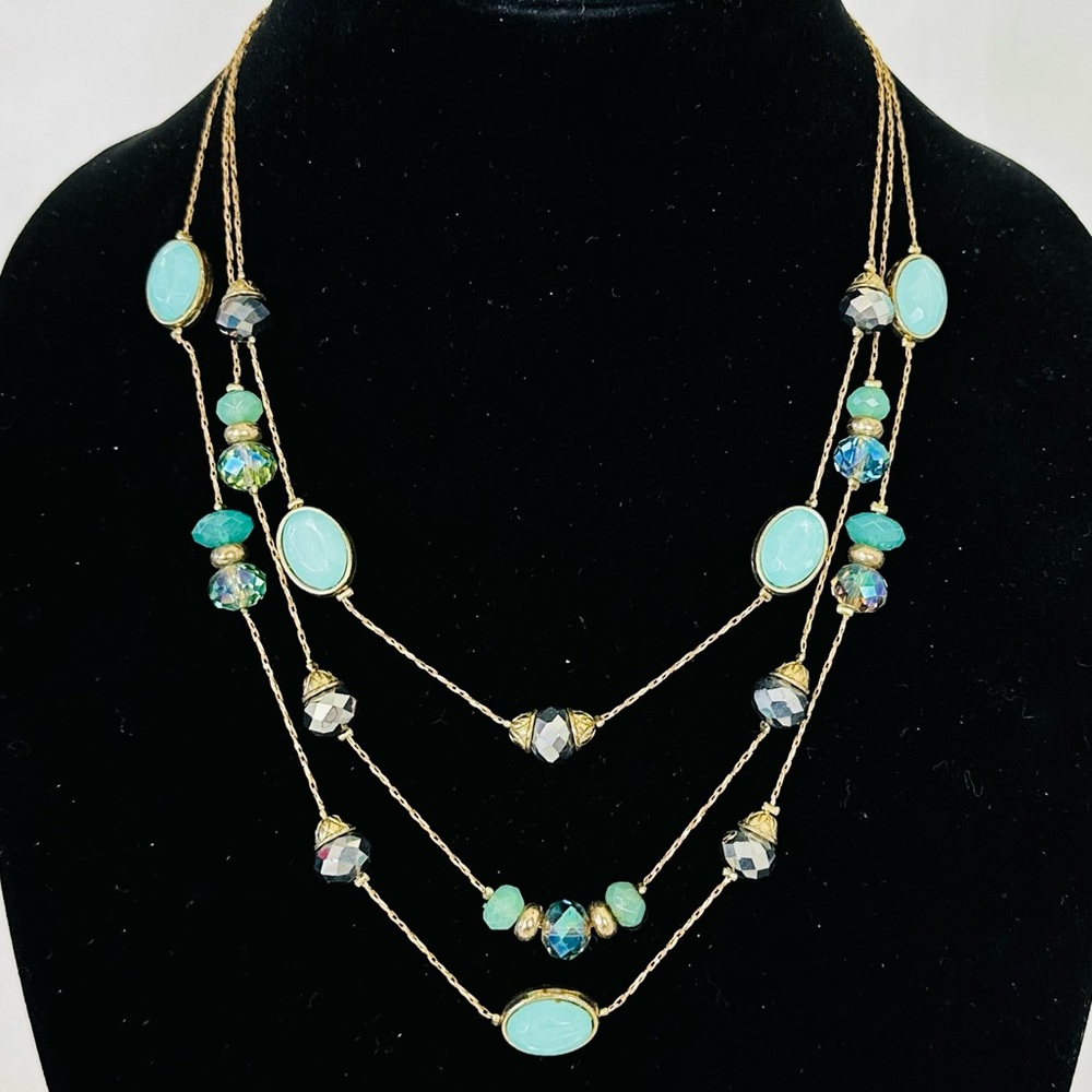 Triple Strand Fashion Necklace Gold Tone Beaded  Faceted Teal Charcoal Metallic